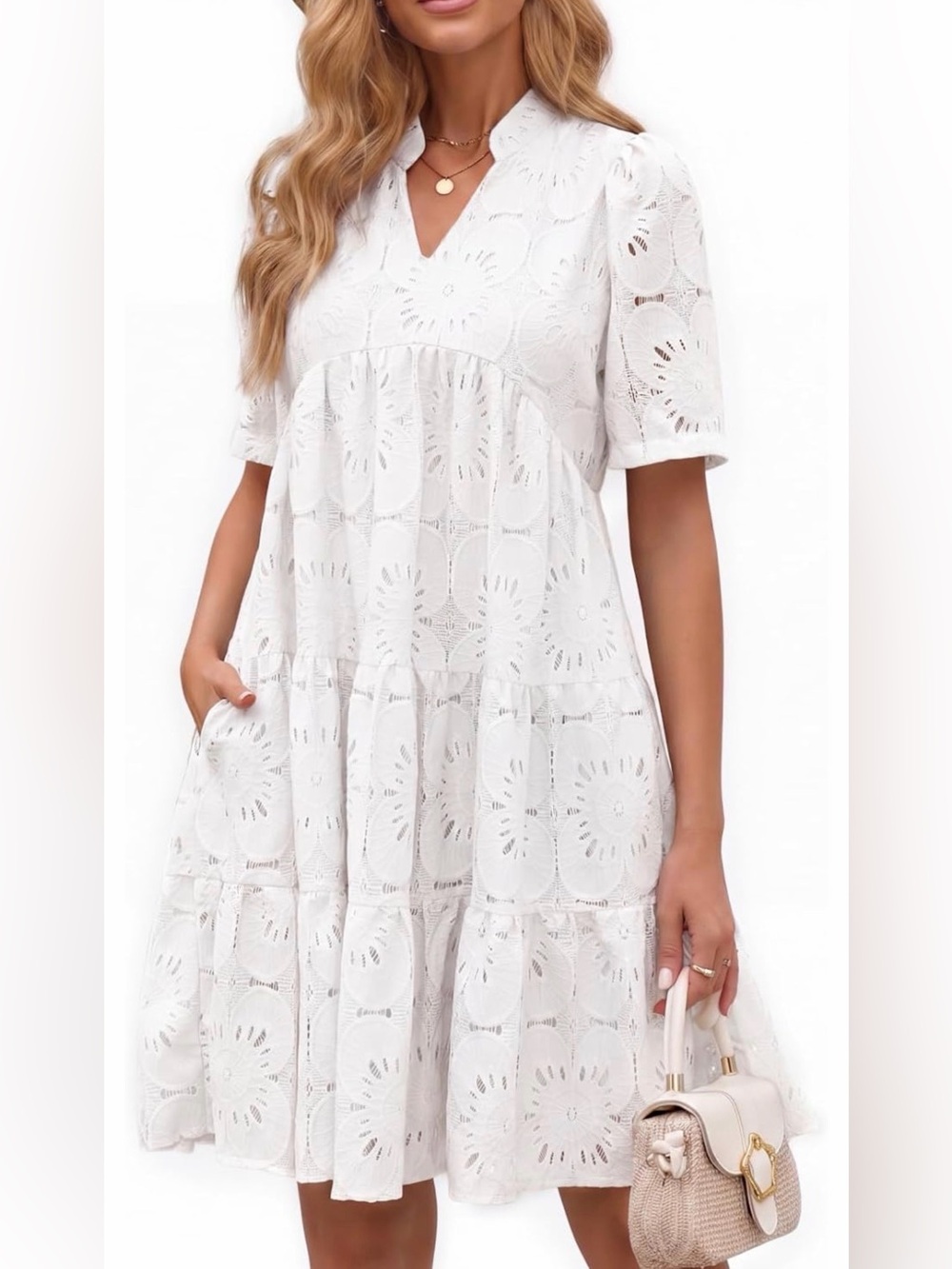 White Eyelet Tiered V-Neck Midi Dress